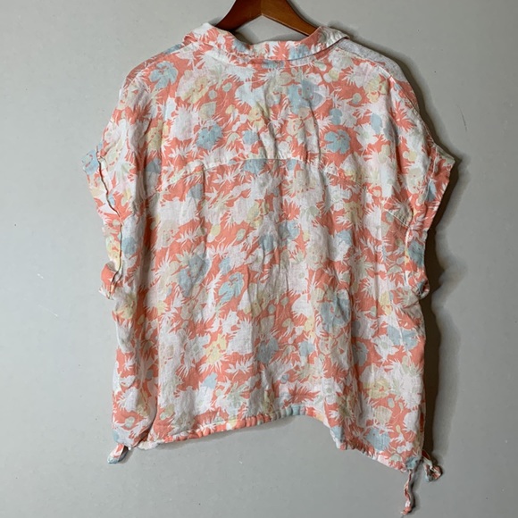 TRUE CRAFT Linen Blend Pastel Printed Short Sleeve Crop Button Down Top - Picture 6 of 8